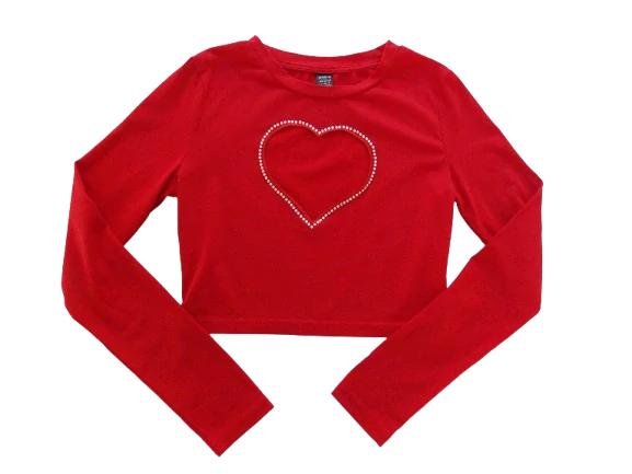 Dívčí červený crop top dl. rukáv srdce vel. S